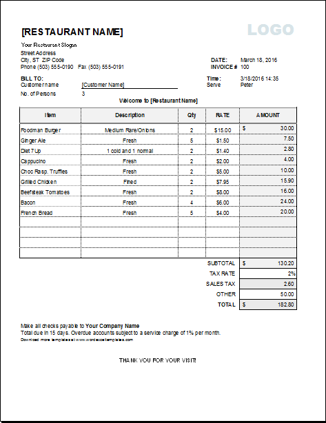 Restaurant Receipt Template For Excel Word Excel Templates