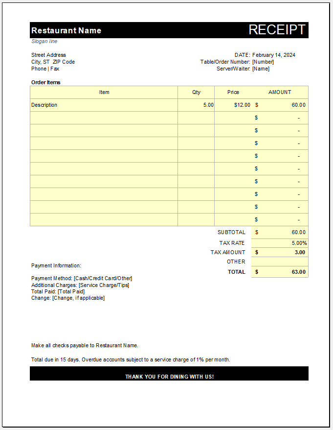 Restaurant receipt