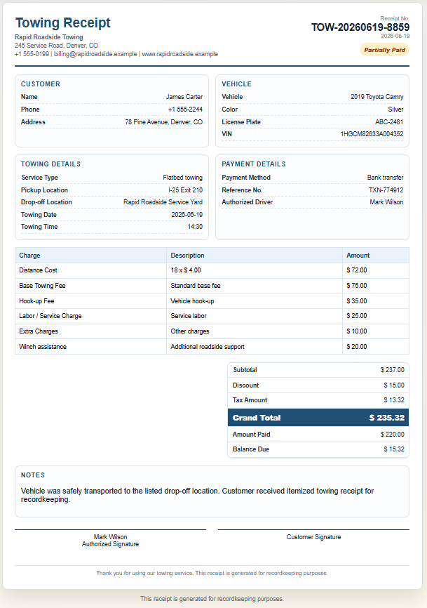 Towing Receipt Generator
