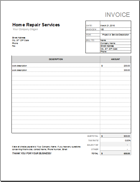Home Repair Receipt Template For Excel Word Excel Templates