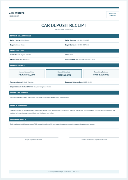 Car Deposit Receipt Generator