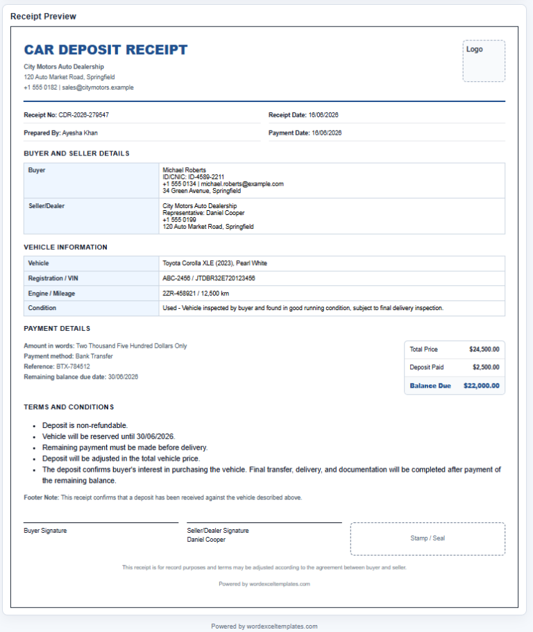 Car Deposit Receipt Generator