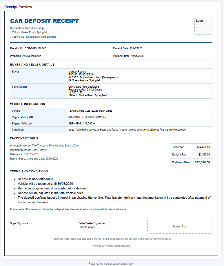 Car Deposit Receipt Generator