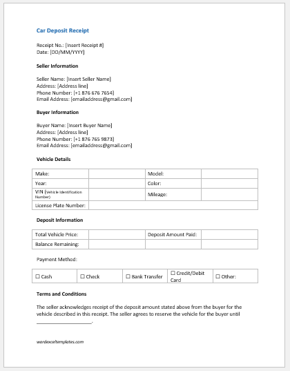 Car Deposit Receipt Template