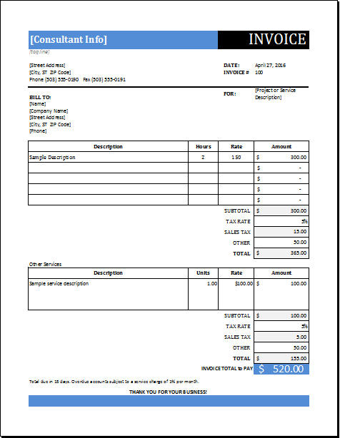 Consultant Service Invoice Template Word Excel Templates