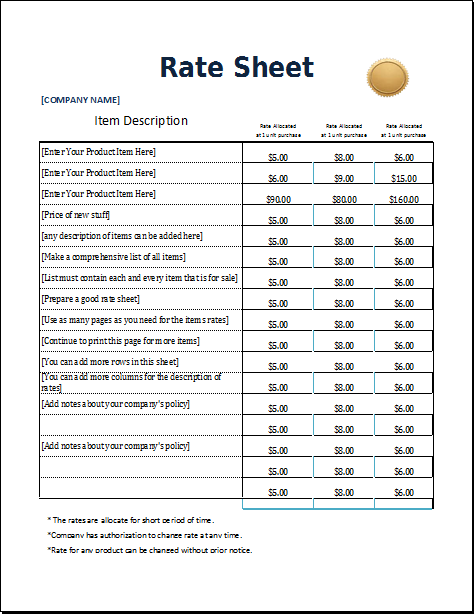 Rate Sheet Template Excel Templates Excel Templates Free Word Template