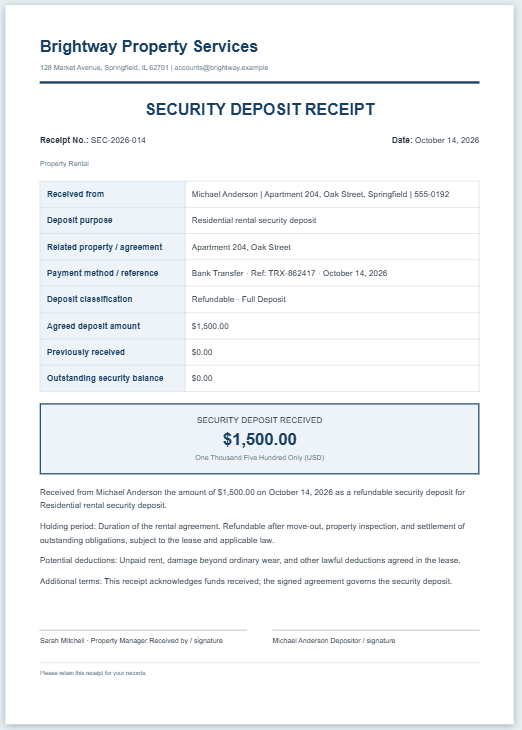 Security Deposit Receipt Template