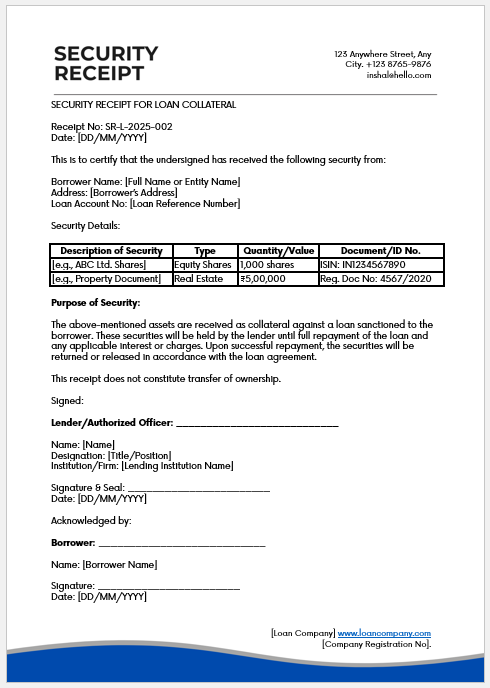 Security Receipt for Loan Purpose CRC