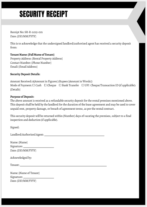 Security Receipt for Rent Purpose