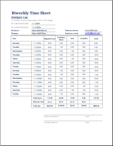 bi weekly time sheet