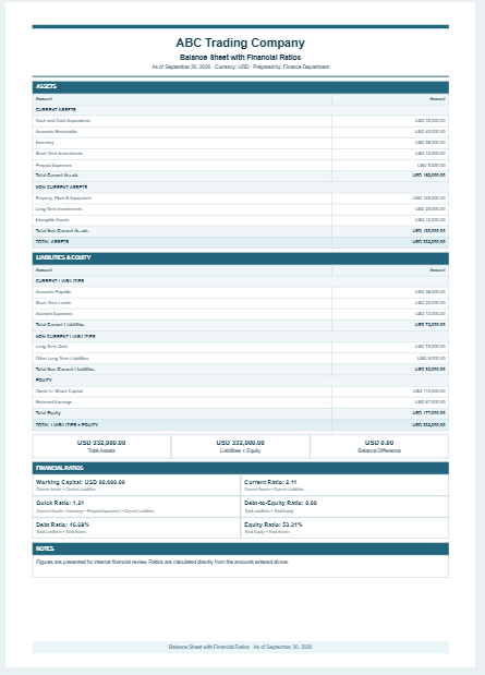 Balance Sheet with Financial Ratio