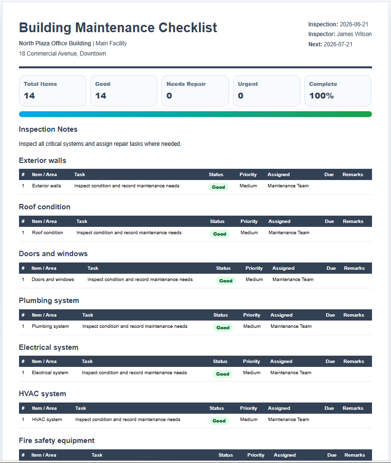 Building Maintenance Checklist Template