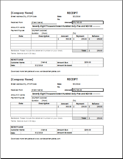 Duplicate receipt template