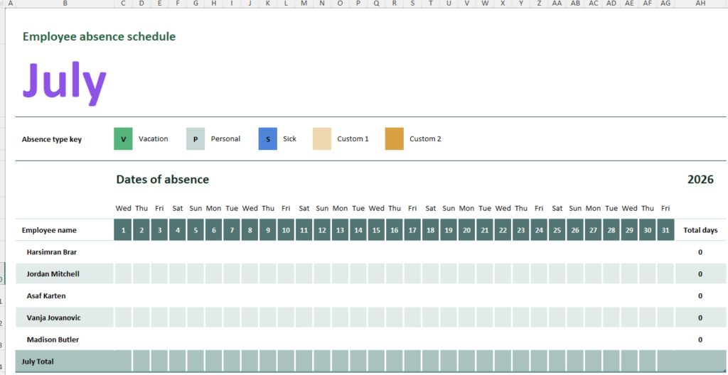 Employee Absence Schedule Template