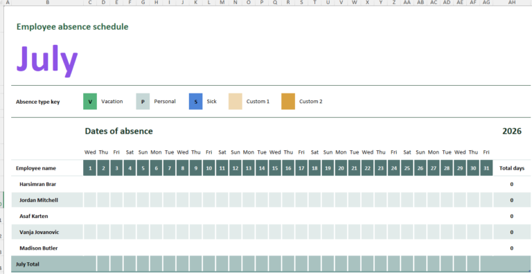 Employee Absence Schedule Template