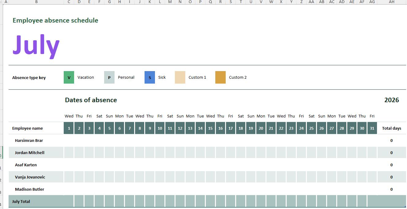 Employee Absence Schedule Template