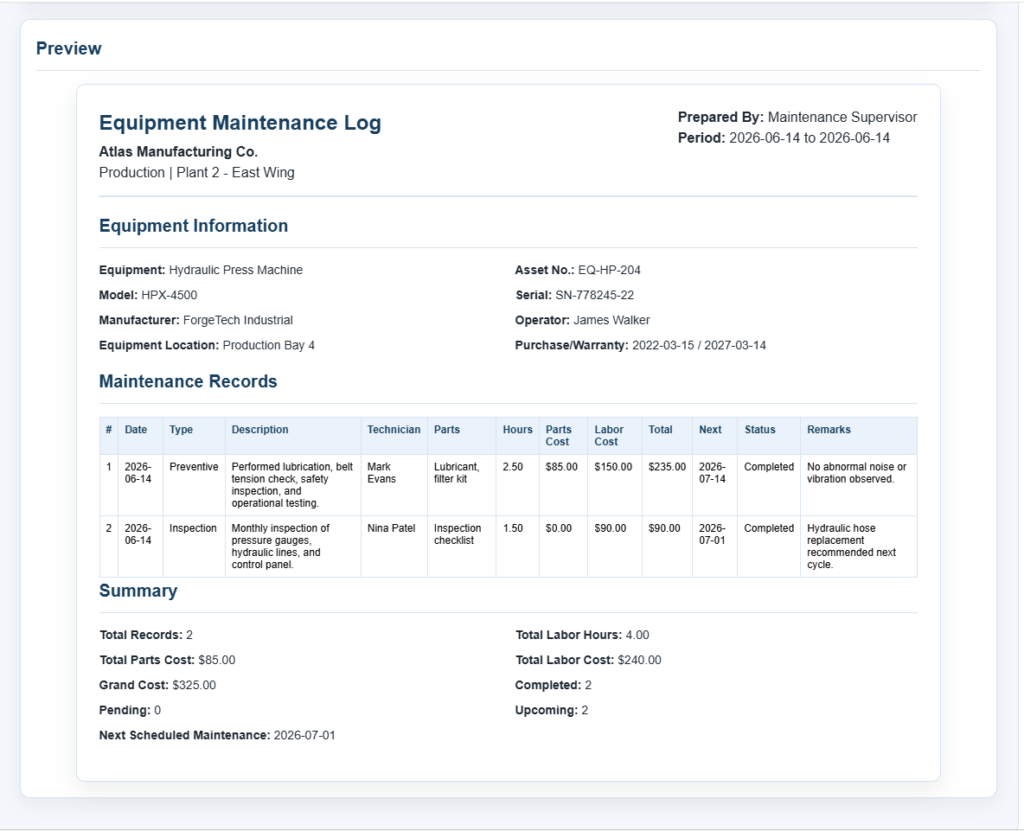 Equipment Maintenance Log