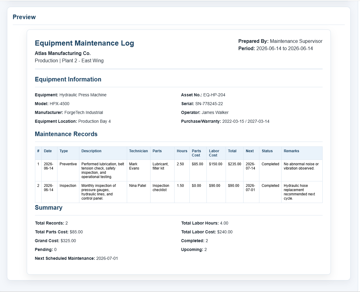 Equipment Maintenance Log