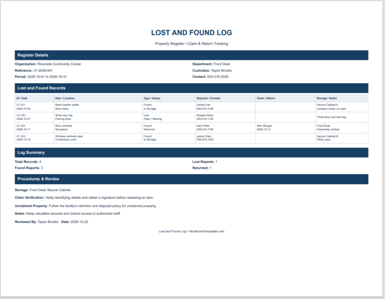 Lost and Found Log Template