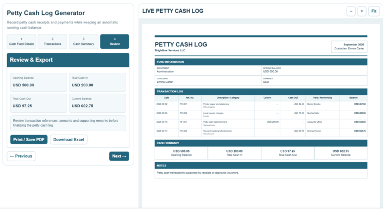 Petty Cash Log Generator