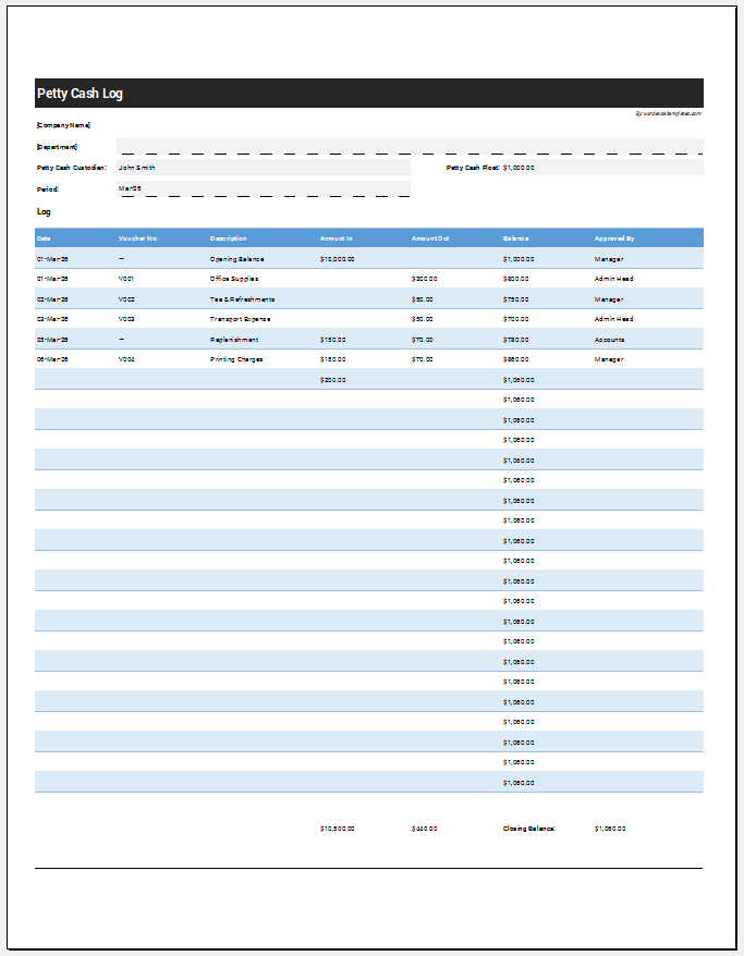 Petty Cash Log Template for Excel
