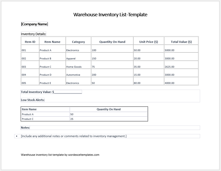 Warehouse Inventory List Template