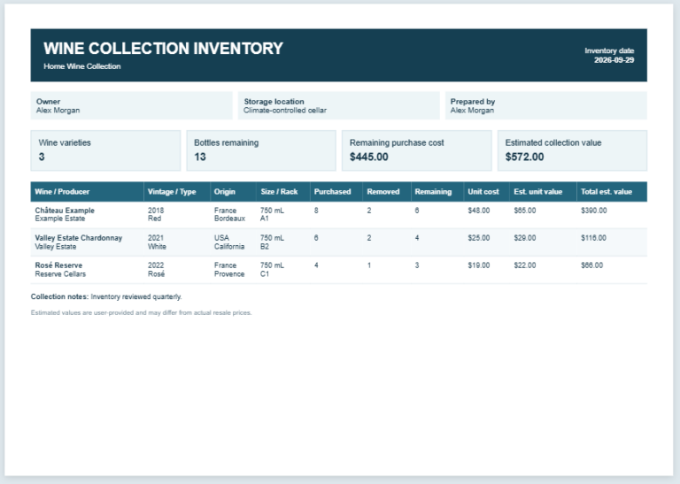 Wine Collection Inventory Template