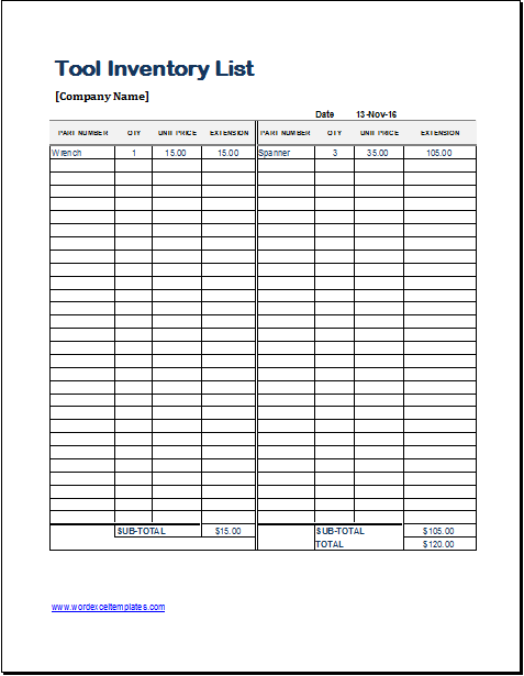 tool inventory sheet