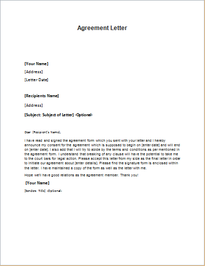 Agreement letter sample