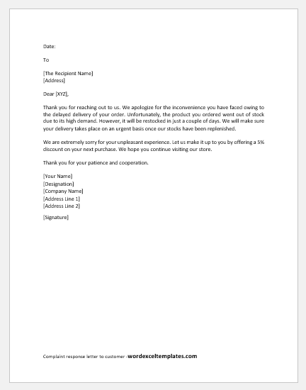 Complaint response letter to customer