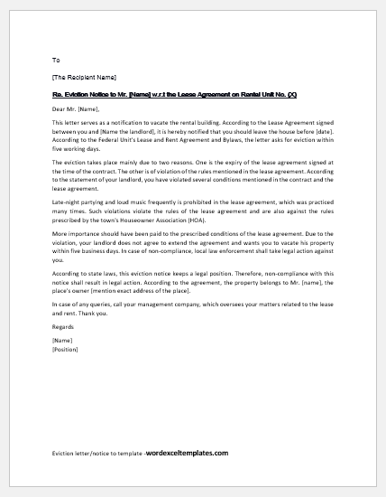 Eviction letter to tenant sample