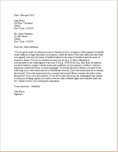 Tenant Eviction Letter Sample