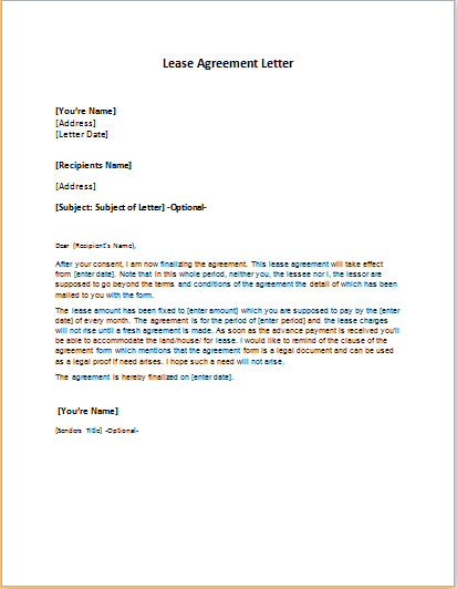 Rental House Agreement Letter from www.wordexceltemplates.com