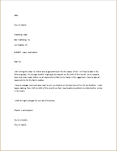 Leave Application Letter Template For Word Word Excel Templates