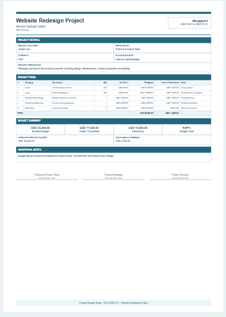 Project Budget Sheet Generator