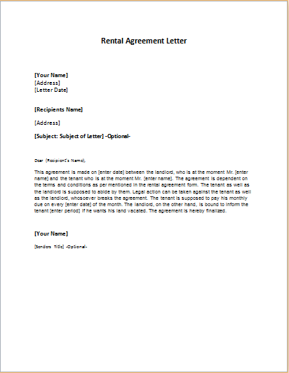 Rental Agreement Letter Template | Word & Excel Templates