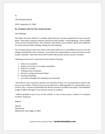 Laundry service complaint letter