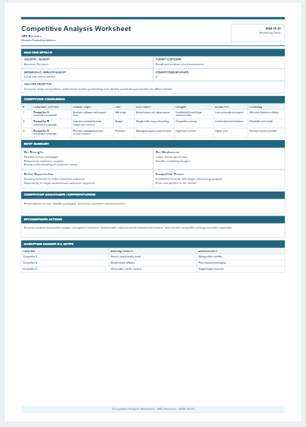 Competitive Analysis Worksheet Template