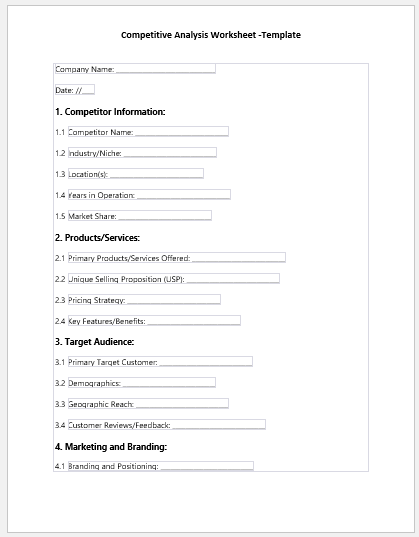 Competitive Analysis Worksheet Template