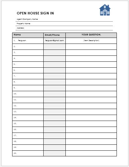 Open House Sign in Sheet