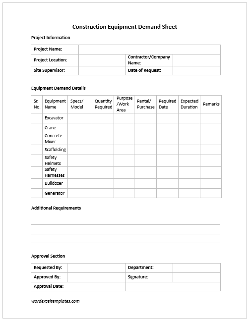 Construction Equipment Demand Sheet