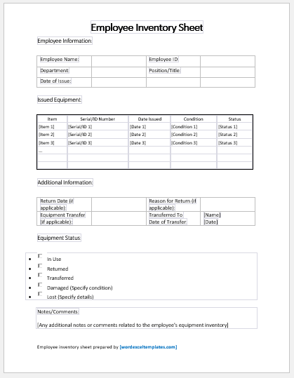 Employee Inventory Sheet