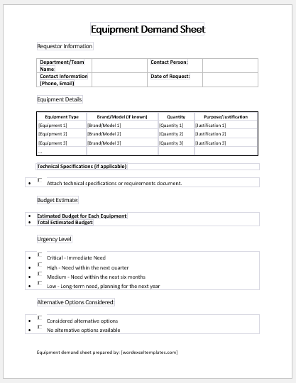 Equipment Demand Sheet