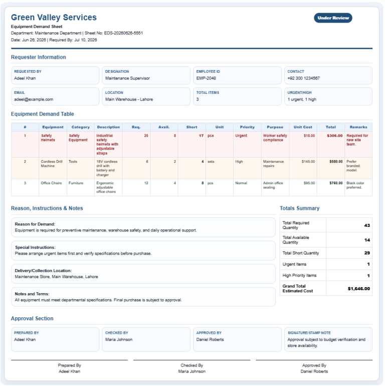 Equipment Demand Sheet Template