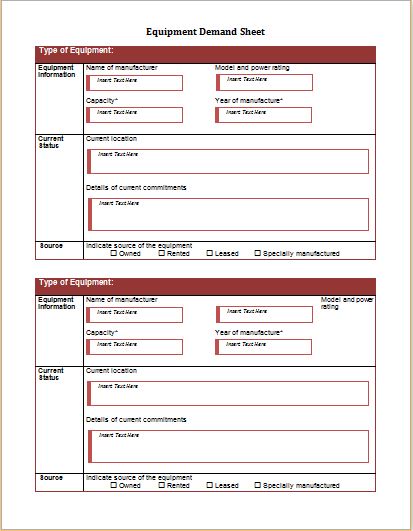 Equipment Demand Sheet