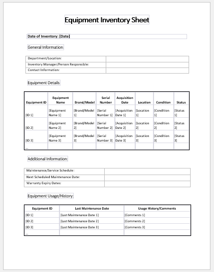 Equipment Inventory Sheet