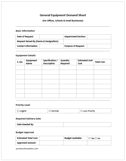 General Equipment Demand Sheet