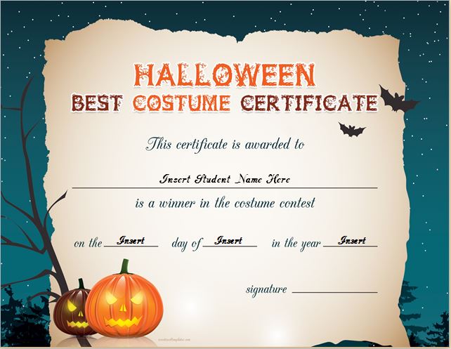 Halloween Best Costume Certificate for WORD