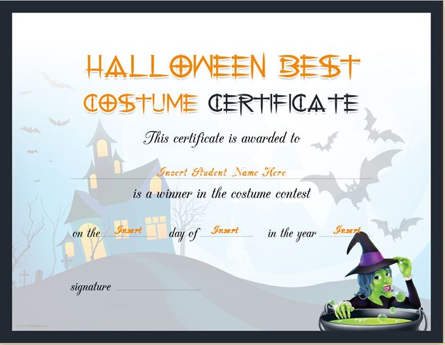 Halloween Best Costume Award Certificate