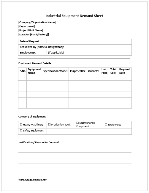 Industrial Equipment Demand Sheet